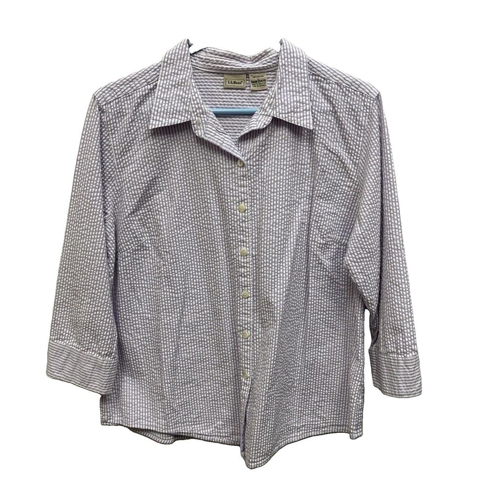 LL Bean Women L White Purple Striped Cotton Seersucker Shirt Button Up Collared